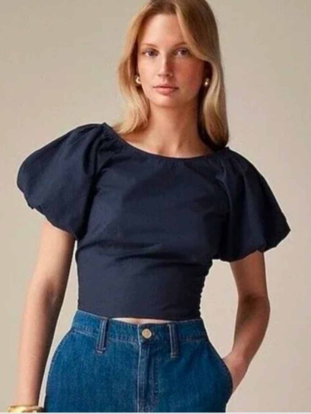 J. Crew Navy Puff-Sleeve Crop Top